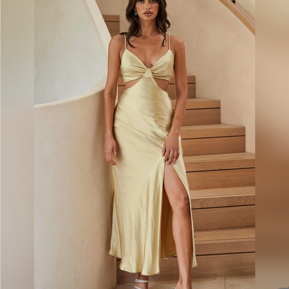 ACAPULCO CAMI STRAP TIED BACK SATIN MAXI DRESS LEMON - Picture 3 of 9